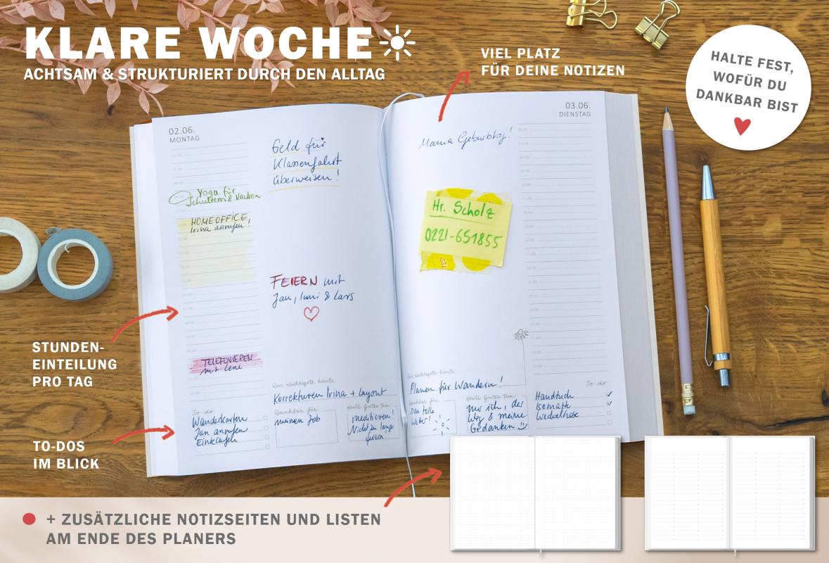 Detailansicht Tagesübersicht A5 Terminkalender 2025, weiß beige